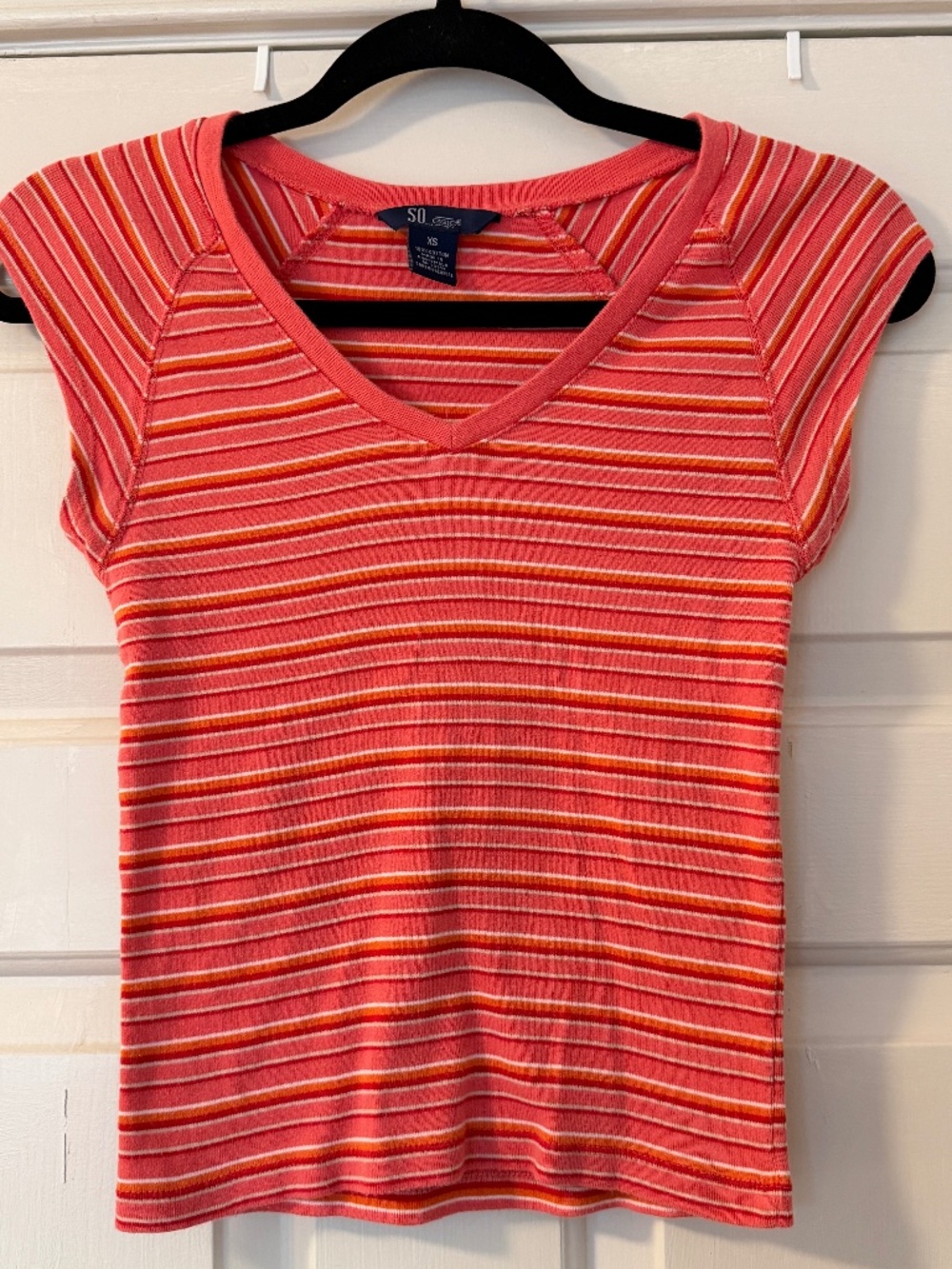 SO Striped V-Neck Baby Tee Top Women's XS Orange White Pink Y2K Cap Sleeve Shirt